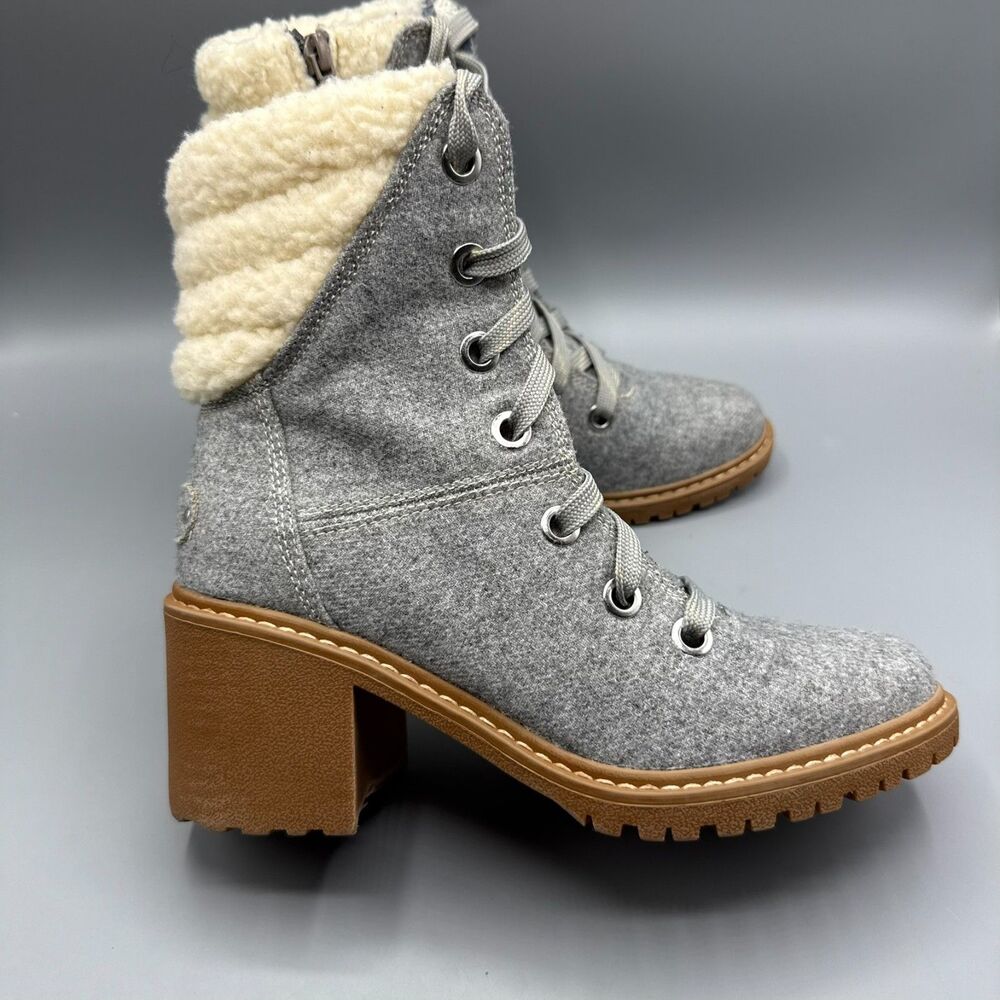 Roxy Women’s Gray Lace-Up Zip Ankle Boots Faux Shearling Lined Block Heel Size 8